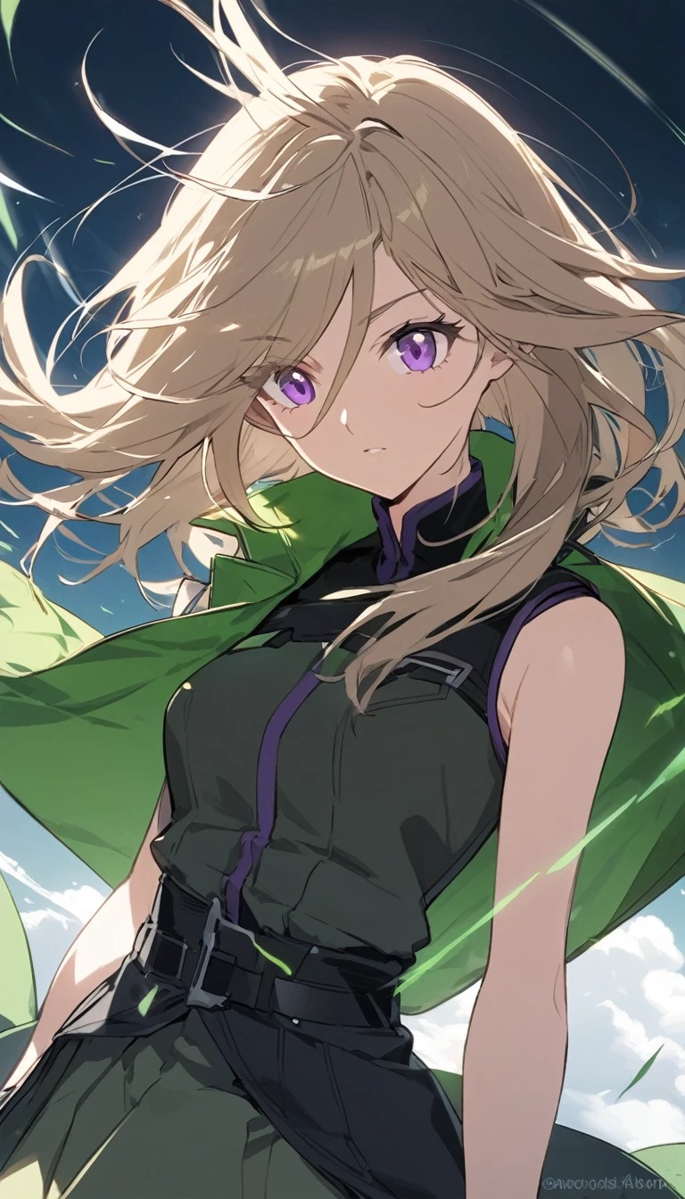 Italian girl anime version (The power to control the wind, Purple eyes and light brown medium length hair, Italian green and black sleeveless clothes and jackets)