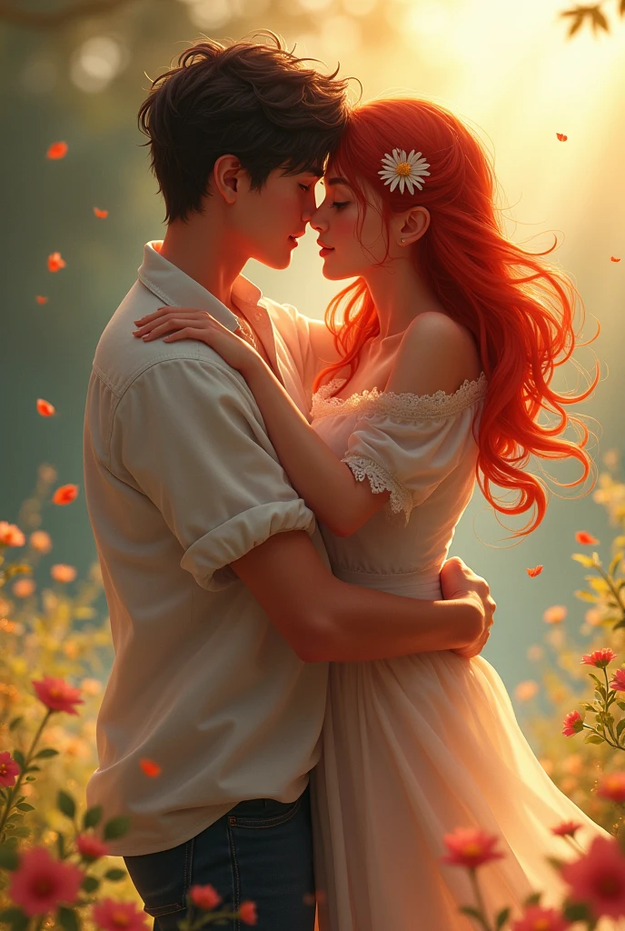 Girl and boy hugging, boy carrying in his arms the girl in love red hair

