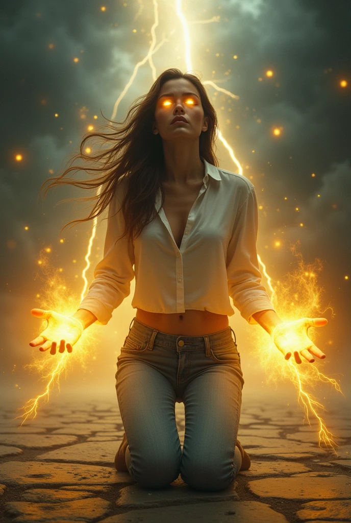 a young woman with a look of vengeance is kneeling on the stone floor looking up with her hands shooting beams of yellow light , with your golden eyes. Her white blouse, and a pair of jeans with a storm behind it
