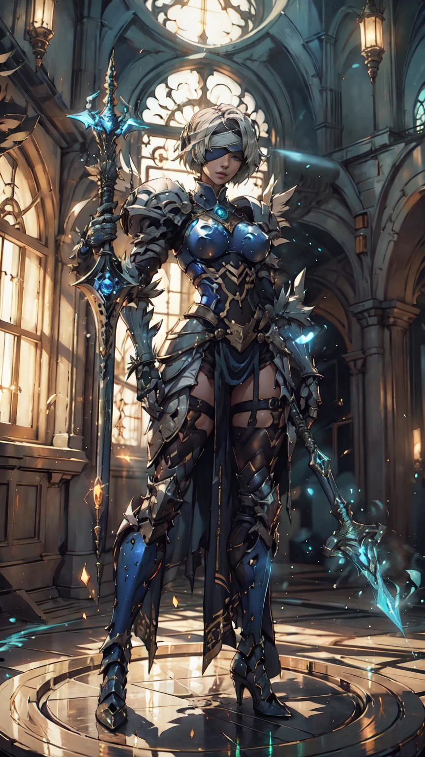 Make a 'kitbash' of Lenneth from 'Valkyrie profile' and 2B from 'Nier: Automata', combine 2B and Lenneth, solo, 1girl, BREAK: ((bright sapphire blue plate mech4rmor)), (boob window), thigh cutout, long skirt, (blindfold:1.27), wings, BREAK: standing contrapposto, (holding glowing spear), light smile, BREAK: plains, castle, BREAK: (better hands, best hands,) (insanely detailed, masterpiece, best quality), strong_negative, Chinese style