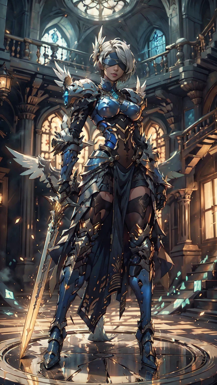 Make a 'kitbash' of Lenneth from 'Valkyrie profile' and 2B from 'Nier: Automata', combine 2B and Lenneth, solo, 1girl, BREAK: ((bright sapphire blue plate mech4rmor)), (boob window), thigh cutout, long skirt, (blindfold:1.27), wings, BREAK: standing contrapposto, (holding glowing spear), light smile, BREAK: plains, castle, BREAK: (better hands, best hands,) (insanely detailed, masterpiece, best quality), strong_negative, Chinese style 