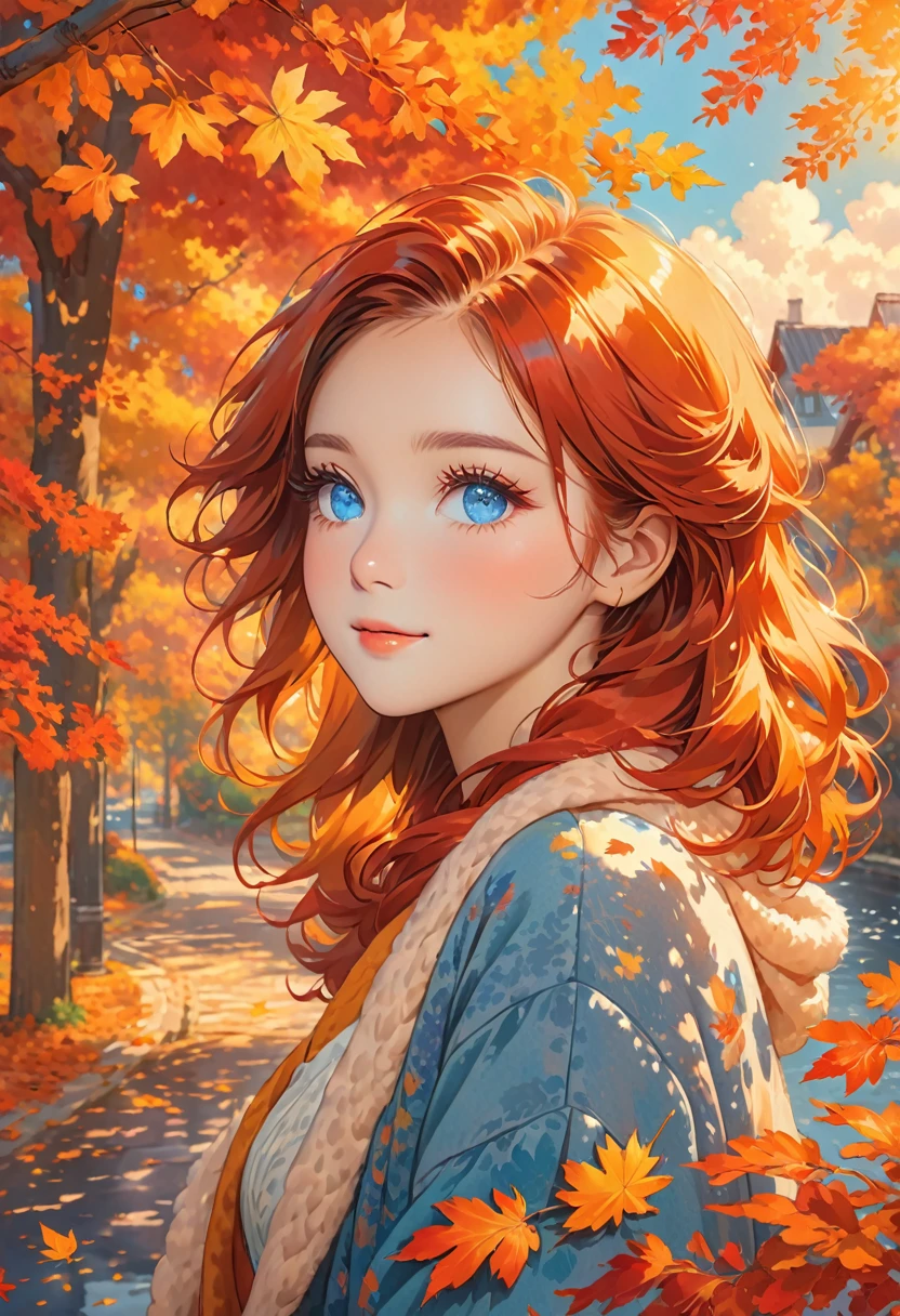 Bright colors, falling leaves, golden sunlight, cozy atmosphere, vibrant red and orange colors, soft and warm tones, calm atmosphere, gentle breeze, nostalgic mood, autumn leaves, calm expression, fluffy eyelashes, captivating look, red hair, blue eyes,