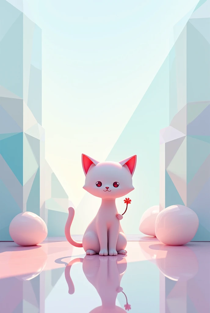 2d geometric art of a cat sitting in geometric glass landscape with pastel colors the cat holding a flower beside it in 2d geometric shape

