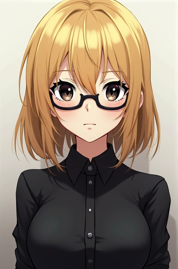 Female anime character blonde hair black student shirt black eyes and black lens 
