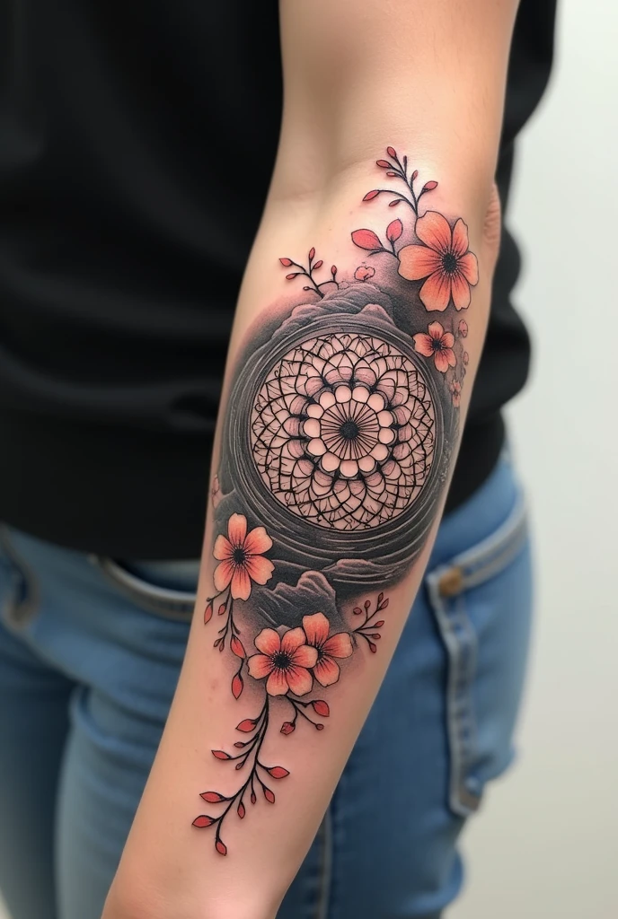 Tattoo with geometric mandala of.Elbow tattoos with Japanese waves and cherry blossoms on the arm and forearm
