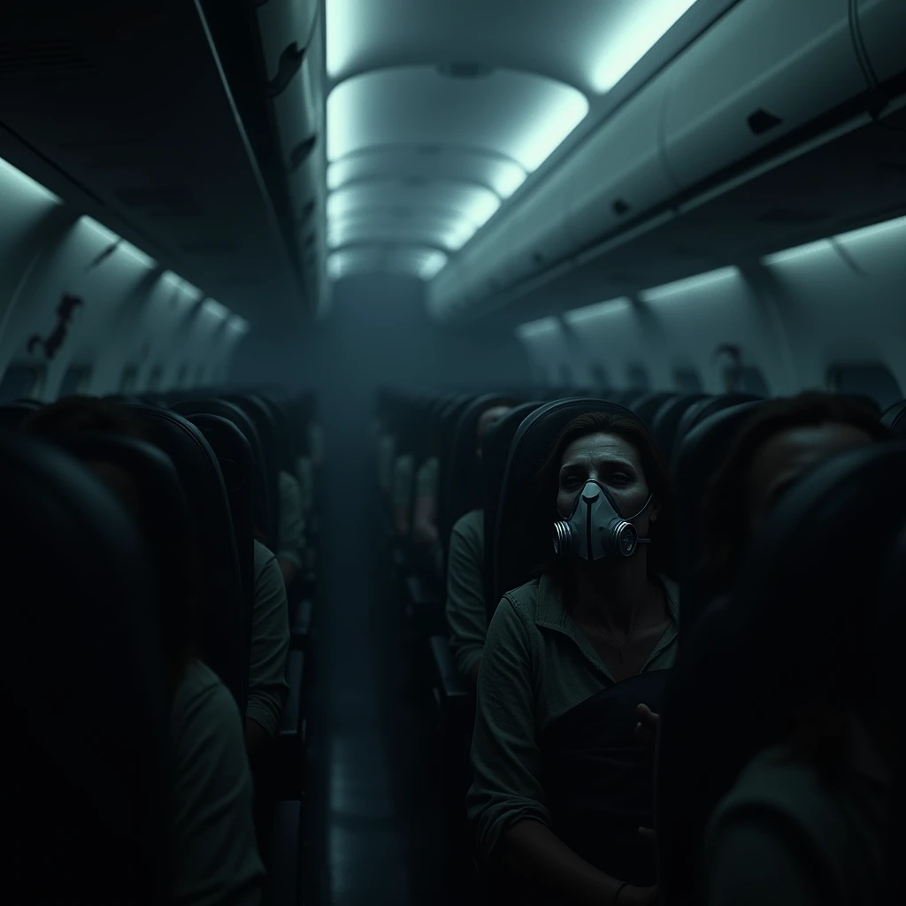 A dimly lit airplane cabin filled with the eerie silence of death. The passengers are lifeless, slumped in their seats with oxygen masks still attached to their pale, expressionless faces. Shadows creep along the walls and floor, casting dark, twisted shapes that suggest something sinister. The air is thick with an overwhelming sense of dread. Some passengers' hands are frozen in positions of fear, clutching armrests or each other. The overall atmosphere is one of despair and horror, as the stillness of death lingers in the air. (extremely detailed CG unit 8K wallpaper, Artwork, best quality, ultra-detailed, hdr:1.2, dark and terrifying atmosphere, eerie lighting, horror vibes)