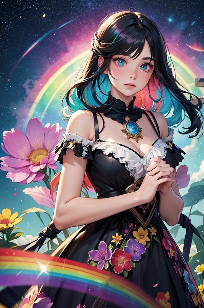 Long-haired rainbow-colored girl, heterochromia, upper body, flower field, big flower, fantasy, space