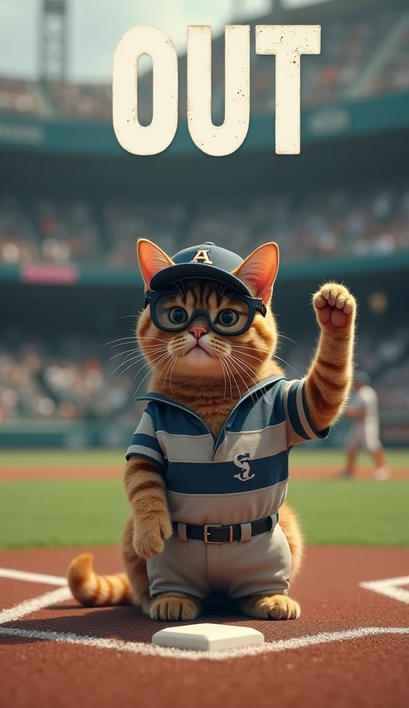 “An ultra-realistic scene of a cat acting as the home plate umpire in a baseball game. The cat is positioned directly over the home plate, wearing a tiny umpire’s uniform and mask. The cat is mid-motion, clearly declaring an ‘OUT’ call with one paw raised in the traditional umpire gesture. The expression on the cat’s face is serious and authoritative. The word ‘OUT’ is prominently displayed in bold letters above the scene. The background includes a typical baseball field with blurred players in the distance.”
