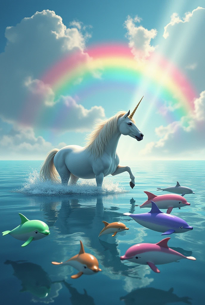 Can you generate me an image of a unicorn with dolphins of many colors with a rainbow in the background?
