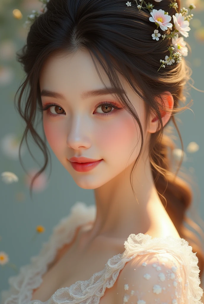 Images of a woman who looks like an 1, white and very beautiful, oval shaped face with well-groomed skin,cute, delicate and princess face, smiling and realistic and with hunter eyes. exactly the way I wrote it