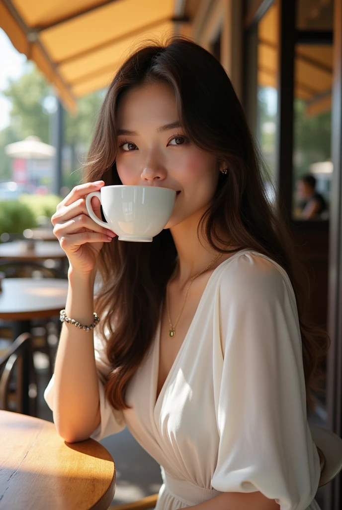 Black-haired girl with brown eyes and long hair with a beautiful face, professional make up, sexy look in elegant white dress drinking coffee in outdoor restaurant sunny day 