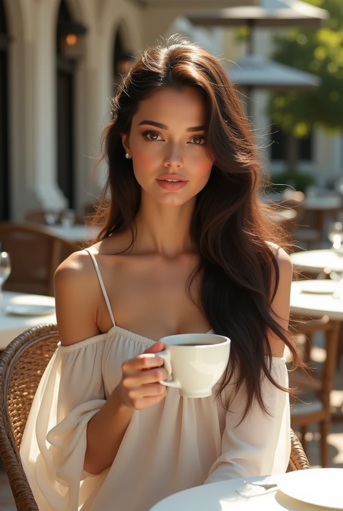 Black-haired girl with brown eyes and long hair with a beautiful face, professional make up, sexy look in elegant white dress drinking coffee in outdoor restaurant sunny day 