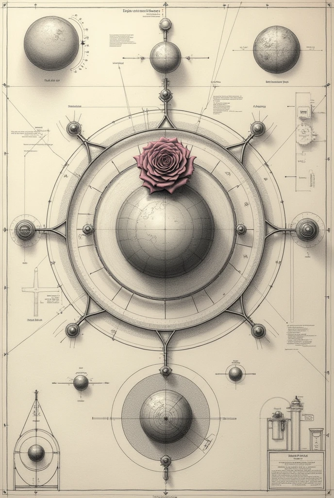 Architectural plans of a model of the solar system where the planets move( In the plan you show artifacts that give movement to the model), with a rose above the central planet. Draw it in pencil, that is, in 1d