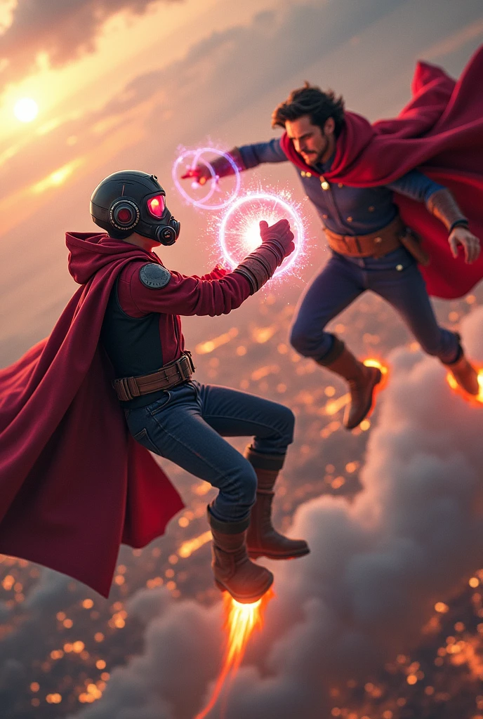 Young Star-lord with red hoodie, headphones, star-lord helmet, gas helmet, covered mouth, round red eyes, Red eyes, magic rings in the hands and rocket boots, Vs. Doctor strange , Fighting, power, fiction, full body, 2 person, magic lasso, hight, fall, fire in boots, poweful spells, fighting, realistic, helmet, mask, red cape, confrontation, punch, gun, flying in the sky