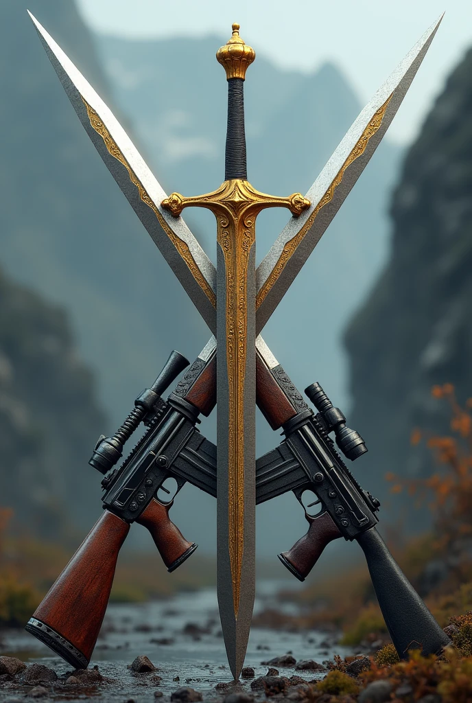Make a picture with a sword (excalibur) majestic forming an X with a rifle (assault rifle) shiny beautiful