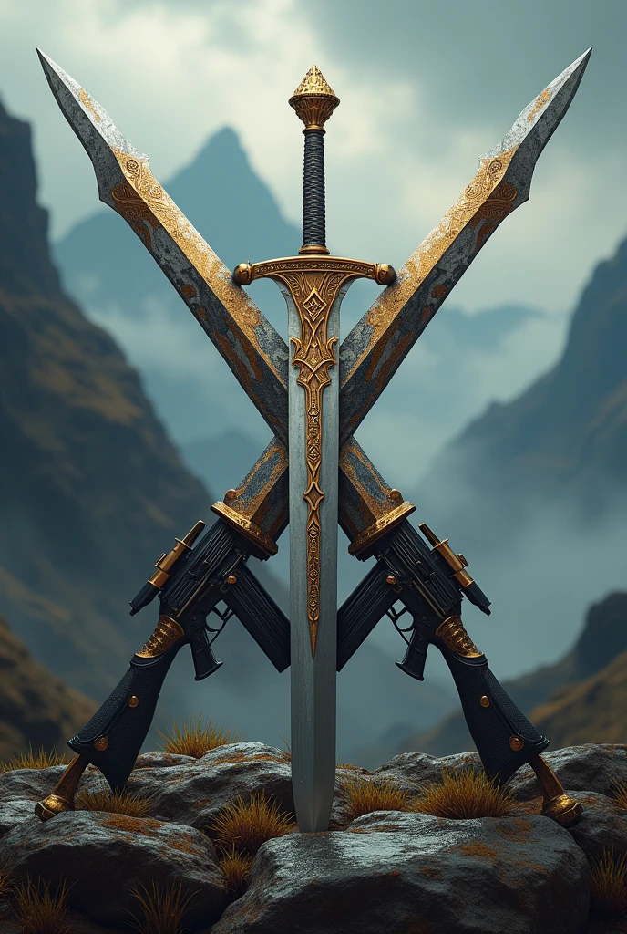 Make a picture with a sword (excalibur) majestic forming an X with a rifle (assault rifle) shiny beautiful