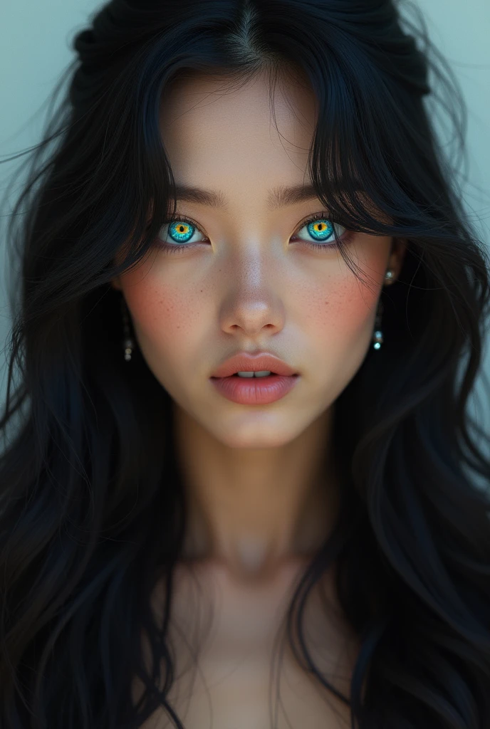 Woman with unreal beauty, unique colors in her eyes and long black hair