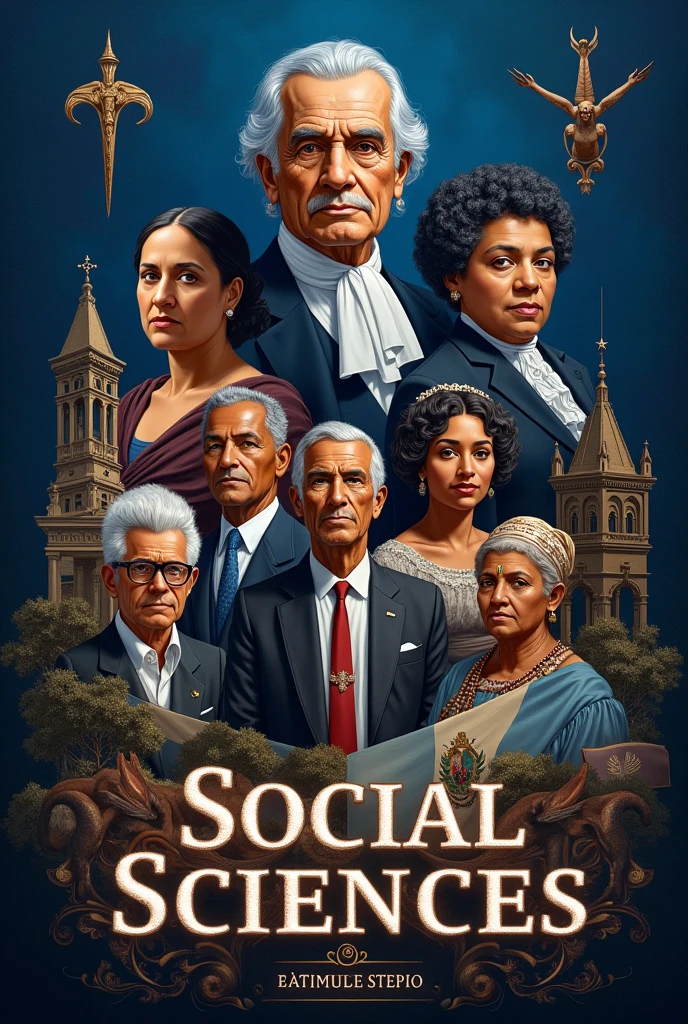 Make me a cover of social sciences with the most historical characters of the Dominican Republic with a dark blue background, add the flag and a little bit of history, apart from that, put many things about our country, put the founding fathers and the Mirales sisters, also put the name of the subject, put social sciences in the middle.