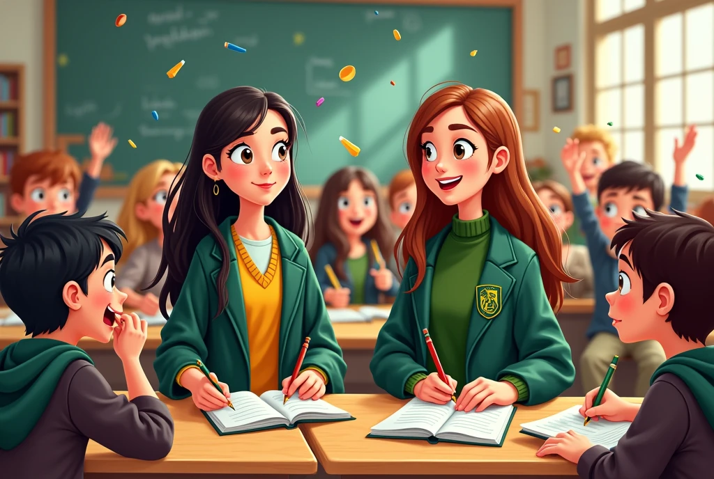 Horizontal image of a black-haired female Hufflepuff teacher and a brown-haired female Slytherin teacher and various elementary school students . in a fun class at hogwarts with cartoon design