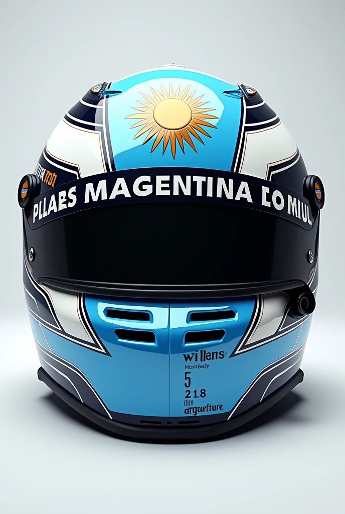 F1 helmet design. original. masterpiece , hyperdetailed Celeste, blue and white, Blue accent. Stylish vector sun symbol on top representing Argentina and williams make it stylish, luxurious, and spirit f1. Include above, side, back view. Text. Colapinto. 