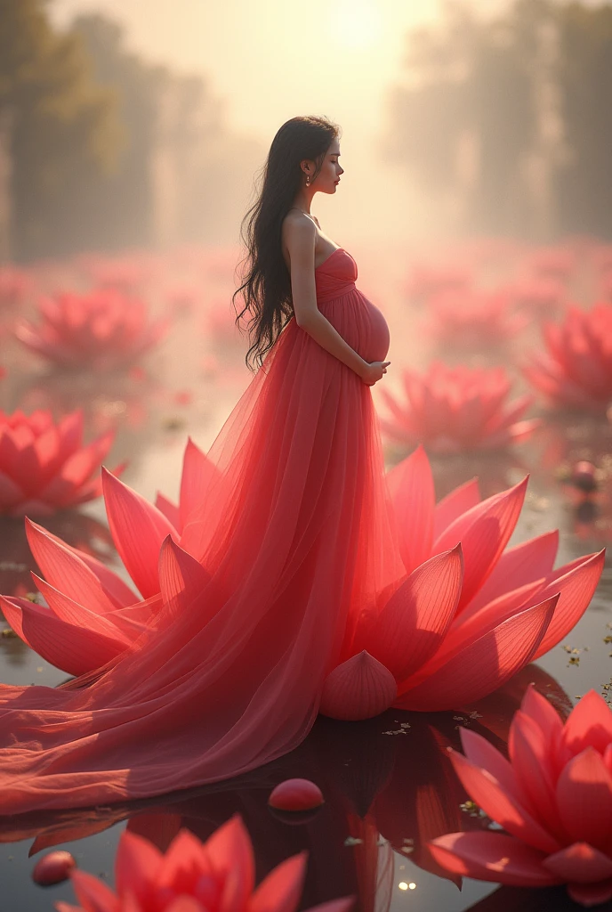 full length, black hair pregnant , Beautiful face, dress made of red rose petals, Light pink and light white tones, Esbian Full Body, beautiful backgrouond , daylight, Efeito de Luz, Minimalistic, Solar, pure tenderness, soft lighting, Realism. beautiful woman stand on a super giant lotus with double and long petals (petals made of thin, soft transparent,streaming, fabrics, full background of flowing petals, floating flower, super flying petals, Smoke effect, Fog, some water reflaciton mixed with petals), lotus dress, ((ss-through)) full length.