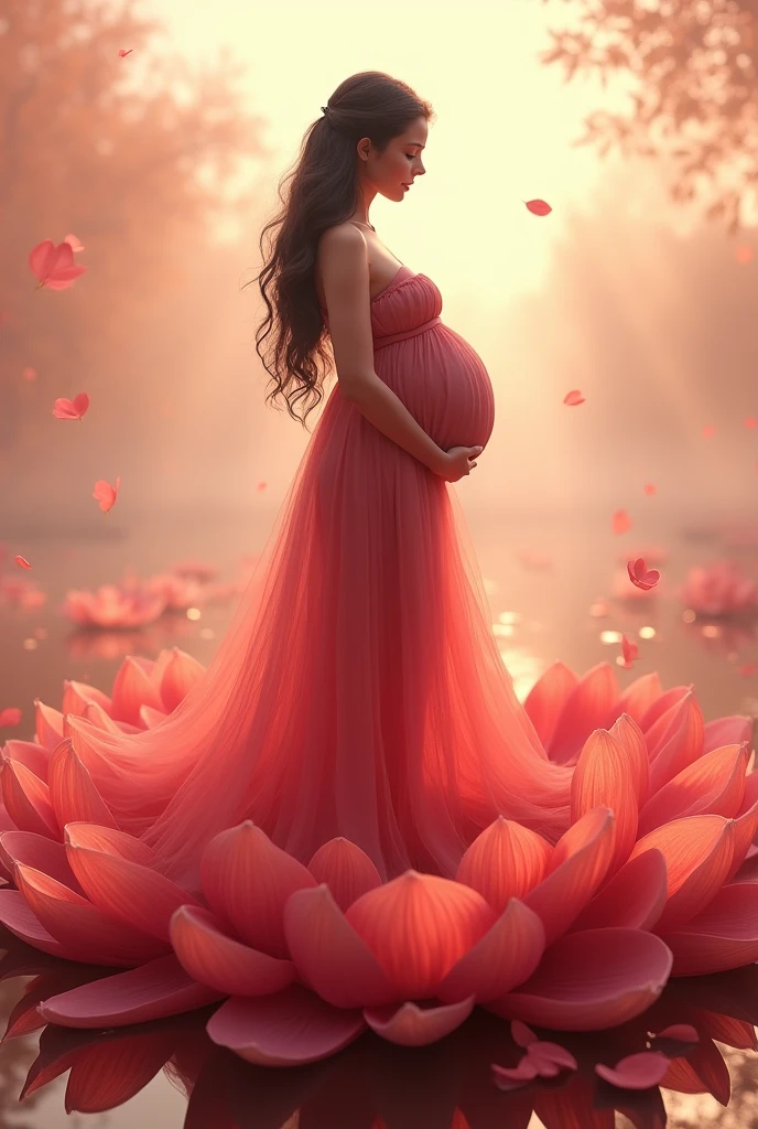full length, black hair pregnant , Beautiful face, dress made of red rose petals, Light pink and light white tones, Esbian Full Body, beautiful backgrouond , daylight, Efeito de Luz, Minimalistic, Solar, pure tenderness, soft lighting, Realism. beautiful woman stand on a super giant lotus with double and long petals (petals made of thin, soft transparent,streaming, fabrics, full background of flowing petals, floating flower, super flying petals, Smoke effect, Fog, some water reflaciton mixed with petals), lotus dress, ((ss-through)) full length.