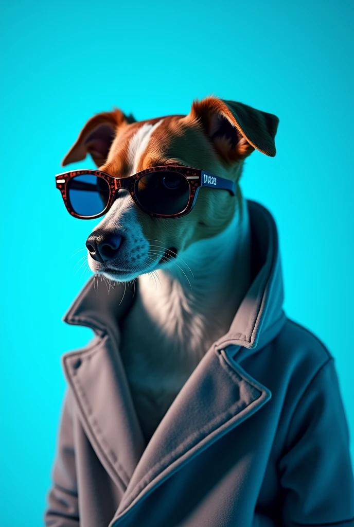 The best cell phone wallpaper, Award-Winning Wallpaper, portrait photography, In the front view is a portrait of a cute dog wearing mid-1960s space age fashion, Side view photo, Shot with Canon EOS R5, Set a strong contrast that accentuates the subject, Fluorescent blue tone, Wearing a very modern coat and sunglasses is a modern 1960s style, Clothes all in one color, beautiful background