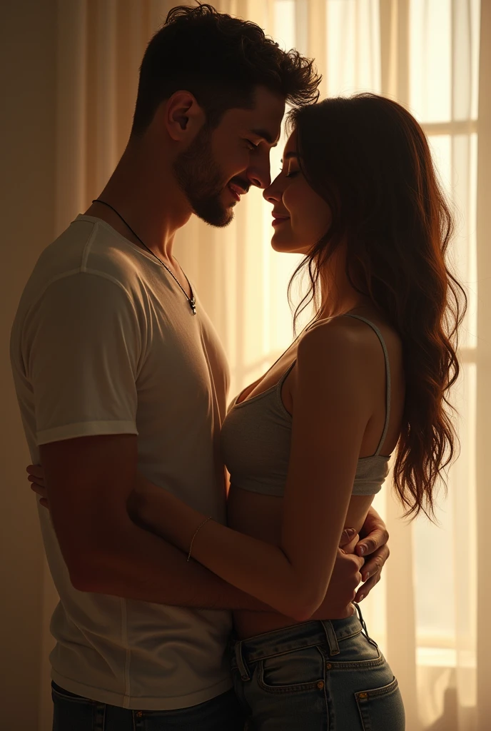 Man facing his girlfriend, carrying her by under her tights while facing each other, they have clothes