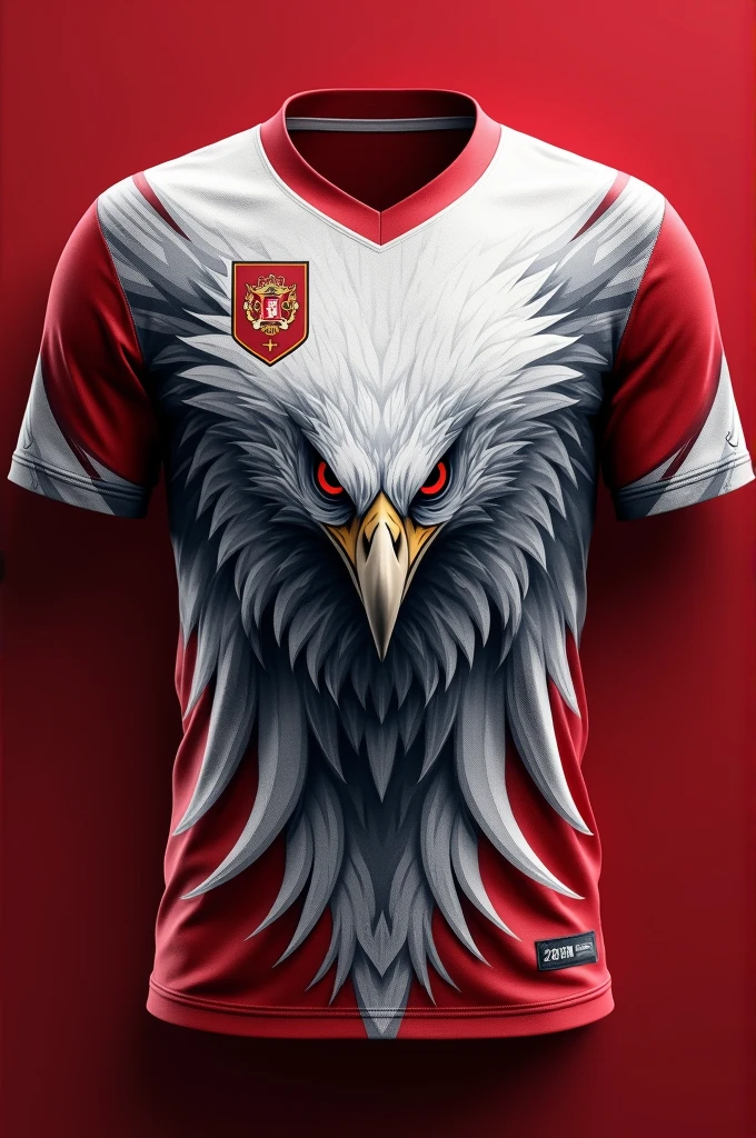 Generate a sports jersey with a large, fierce eagle design on the front, using sharp and detailed feather strokes in shades of white and gray. The eagle should be the main focus, placed against a rich red and white backdrop. The jersey should red and white color feature a simple V-neck collar and red sleeves. Add a small badge-like emblem above the eagle's head on the left side."