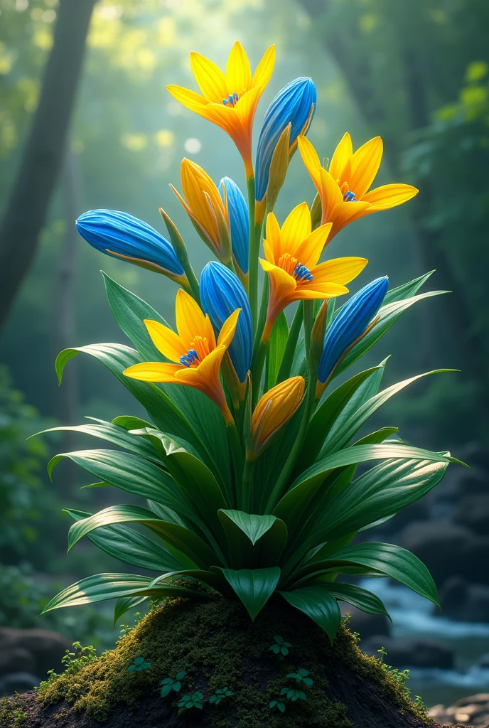 work of art, best qualityer, high resolution. A plant whose flowers are two colors: azul e amarelo, with shades similar to the Brazilian national flag.