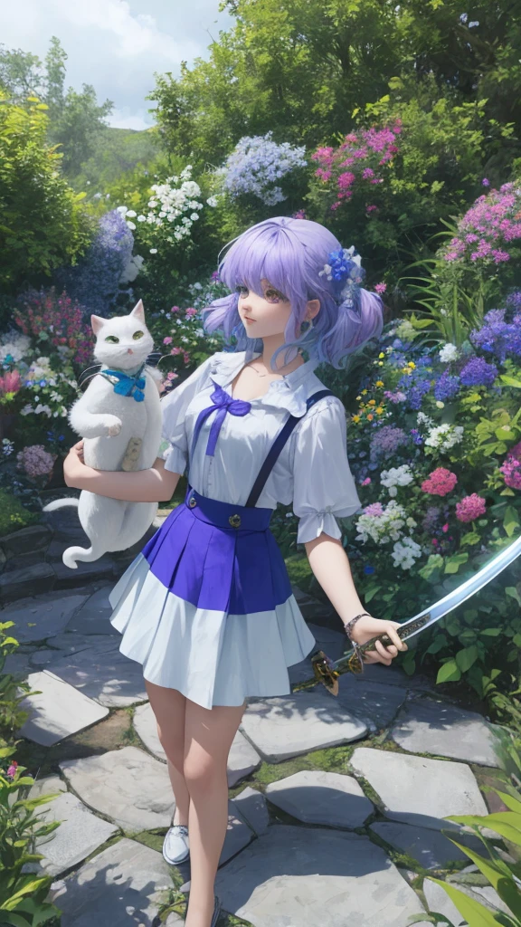 Have a good adventure　adventurer　cute little　Fantasia　holding a sword Cat-eared girl　Light blue and purple colored hair walking next to her is a cute little blue dragon Her hair is long and she is in a green flower garden. Wearing a white short skirt and a black and white shirt