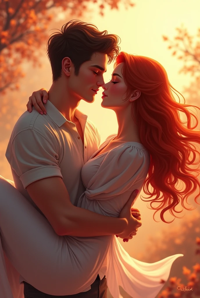 boy carrying in his arms the girl in love red hair, She kisses him on the cheek