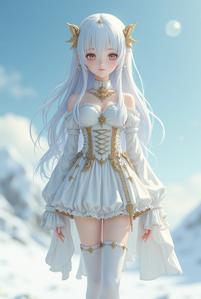 1 Japan Beautiful Girl、Departing on a morning of determination、Cute beautiful girl&#39;s serious expression、The face is long、Her eyes are big and droopy and cute.、whole bodyまっ白のゴスファッション、Intricate gold decoration、Gold Garter Belt、White knee-high socks、The background is a light blue snowy landscape、High-quality, realistic photo-like、whole body、Standing posture