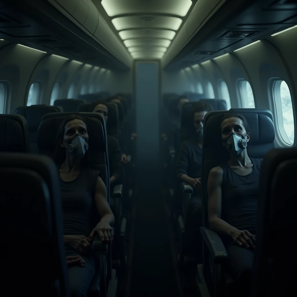 A dark and terrifying scene inside an airplane cabin filled with lifeless passengers. The atmosphere is suffocating, with dim, flickering lights casting eerie shadows across the seats. Oxygen masks hang limply from above, some still attached to the faces of the deceased. The passengers are slumped in their seats, their skin pale and lifeless, with expressions of fear frozen on their faces. The seats and floor are in disarray, with personal belongings scattered, adding to the chaotic and unsettling environment. The overall atmosphere is oppressive and haunting, evoking a deep sense of dread and horror. (extremely detailed CG unit 8K wallpaper, Artwork, best quality, ultra-detailed, hdr:1.2, dark and terrifying atmosphere, eerie lighting, horror vibes)