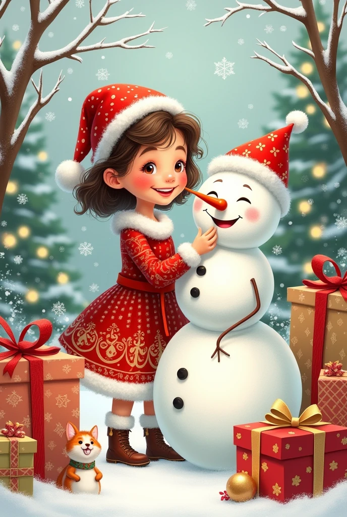 Happy girl wearing Christmas dress playing with snowman and inside are Christmas gifts drawn with calligraphy and cartoon