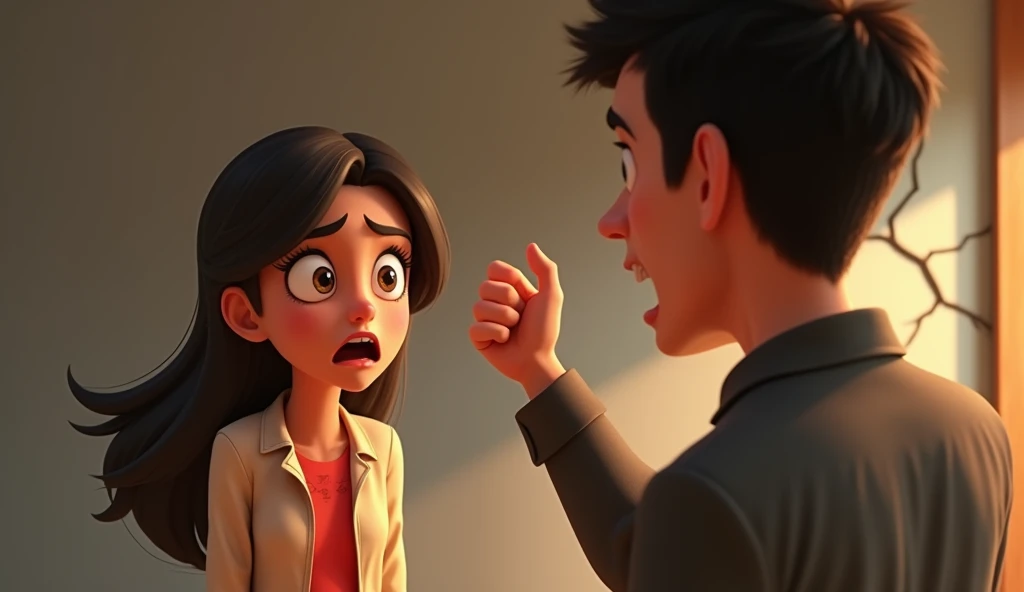 A couple arguing with expressions full of anger. The man stands with his hand raised, while the woman steps back in fear. In the background, a crack in the wall symbolizes the tension. The woman’s eyes reflect deep fear. style 3d pixar animation