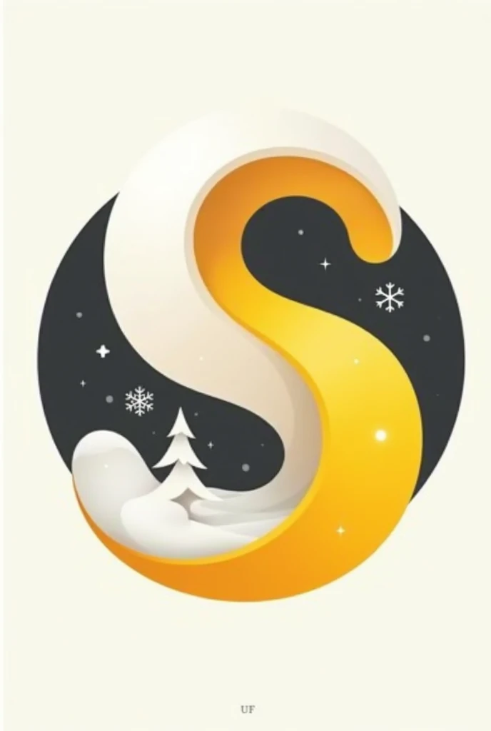 A letra "S" that starts snowy white and ends yellow, and in its first curvature on the right side there is a snow symbol proportional to this curve and in the other lower curvature on the left side a sun with the same characteristics as the snow symbol, and a black circle surrounding all.