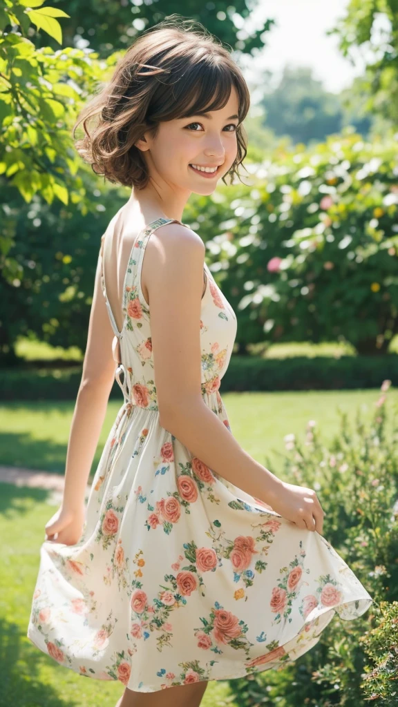 masterpiece, Highest quality, Absurd, Perfect Anatomy, One girl, alone, PascalTales, short hair, beautiful, Hilarious, sunny day, botanical garden, Summer winds, Sundress, Floral, Wavy Hair, smile
