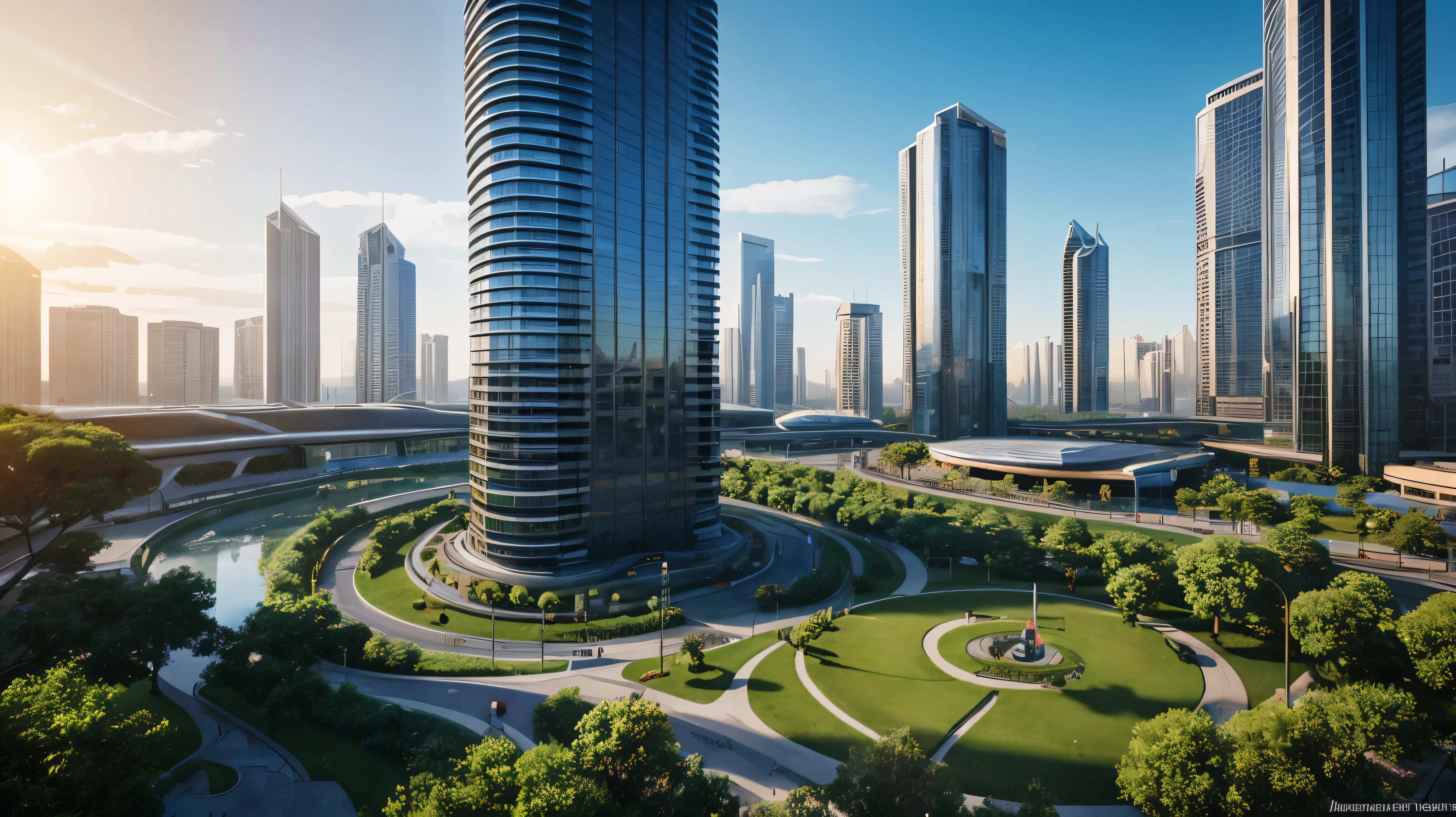 scifi, beautyful futuristic park, architectual, utopic, organic skyscraper, cyberpunk, futuristic, lake, people, hightech, hard-surface design, daylight, much tech, much electronic, very cozy, ambient light, realistic view, fantasic view to the park, bird perspectiv, focal lengh 24mm, wide angle, year 2224