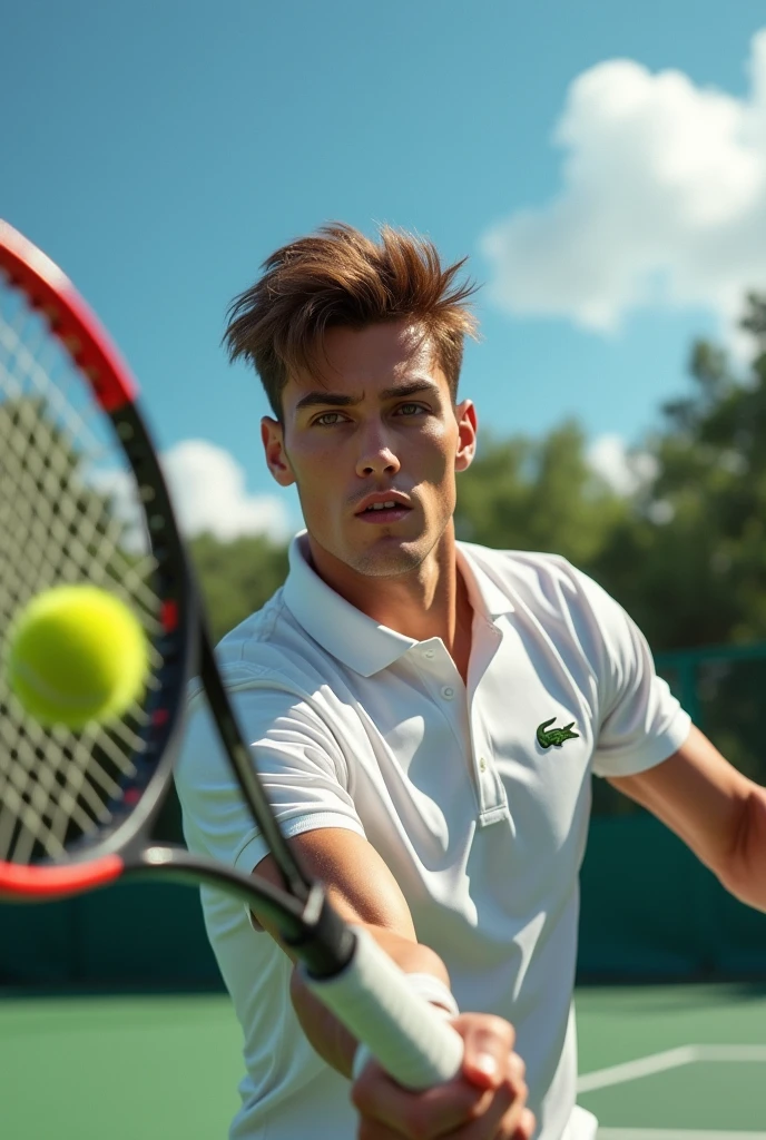(photorealism:1.2), man with brown eyes and brown hair playing tennis with babolat racket wearing a Lacoste polo shirt with a super detailed ultra-realistic photorealistic 8k