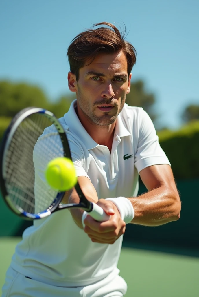 (photorealism:1.2), man with brown eyes and brown hair playing tennis with babolat racket wearing a Lacoste polo shirt with a super detailed ultra-realistic photorealistic 8k 