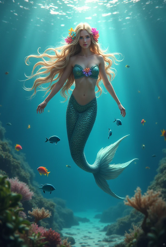 mermaid, hair adorned with flowers, swimming in the seas, looking at the camera
