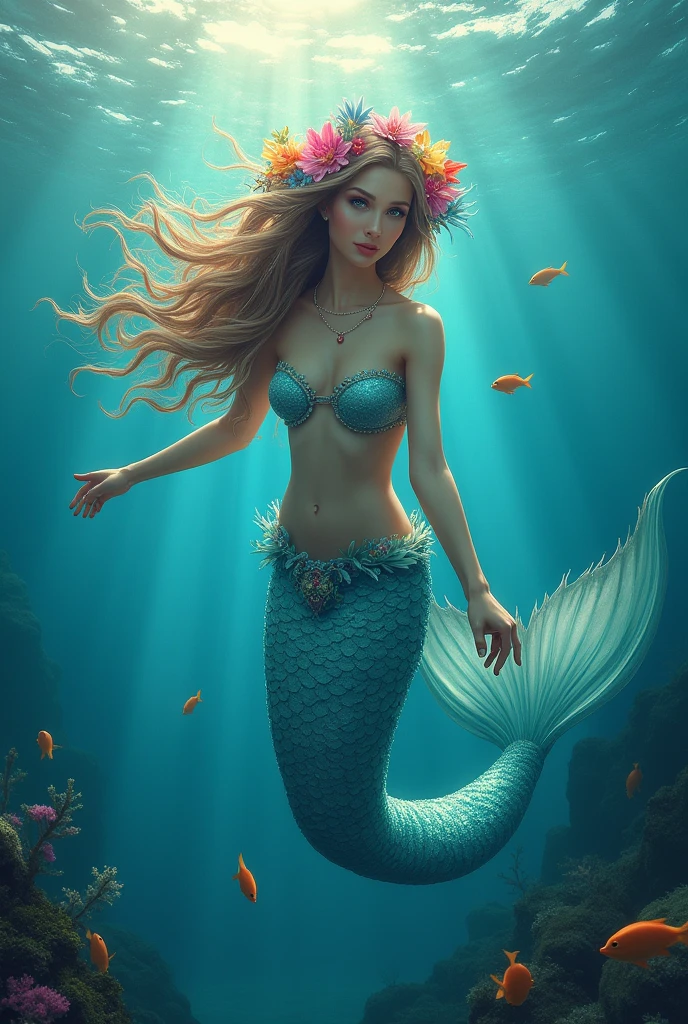 mermaid, hair adorned with flowers, swimming in the seas, looking at the camera