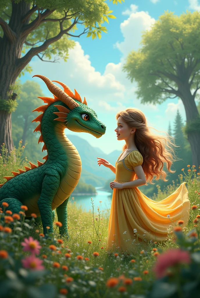 Create a landscape where there is a dragon and a princess with honey brown hair, that the dragon and the princess are friends