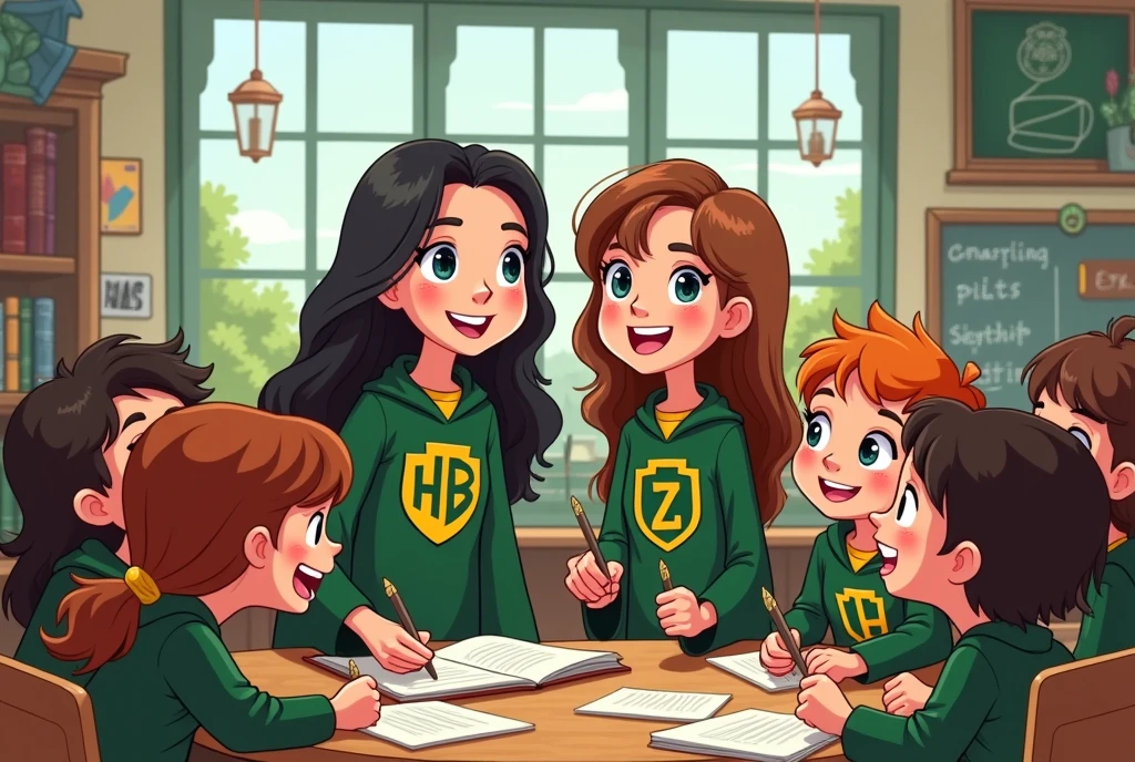 Horizontal image of a black-haired female Hufflepuff teacher and a brown-haired female Slytherin teacher and various elementary school students . in a fun class at hogwarts with cartoon design