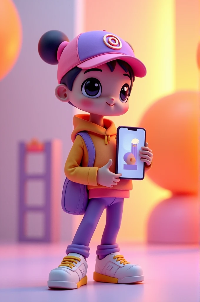 Create an anthropomorphized character representing Instagram. The character should have a sleek, modern appearance with a minimalist design. Incorporate the Instagram logo colors—purple, pink, orange, and yellow—into their clothing and accessories. The character could wear trendy, stylish clothes, holding a smartphone with the Instagram interface visible. Their personality should exude creativity and connection, with a friendly and approachable expression. The background can be abstract, featuring soft gradients and subtle references to photography or social media, emphasizing the digital and creative aspects."
