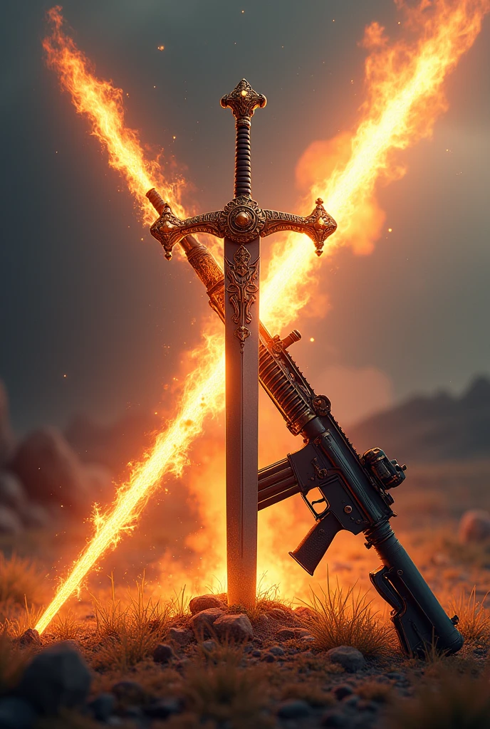 Form an X with a Sword (Excalibur) majestic and a rifle (assault rifle) Ablaze