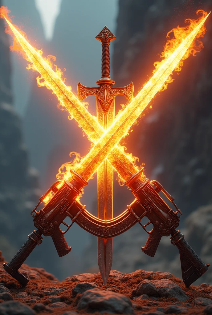 Form an X with a Sword (Excalibur) majestic and a rifle (assault rifle) Ablaze