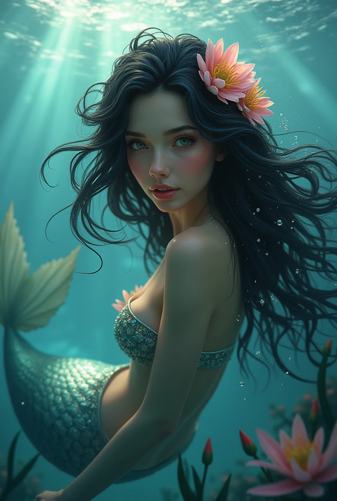 mermaid, black hair adorned with flowers, swimming in the seas, looking at the camera