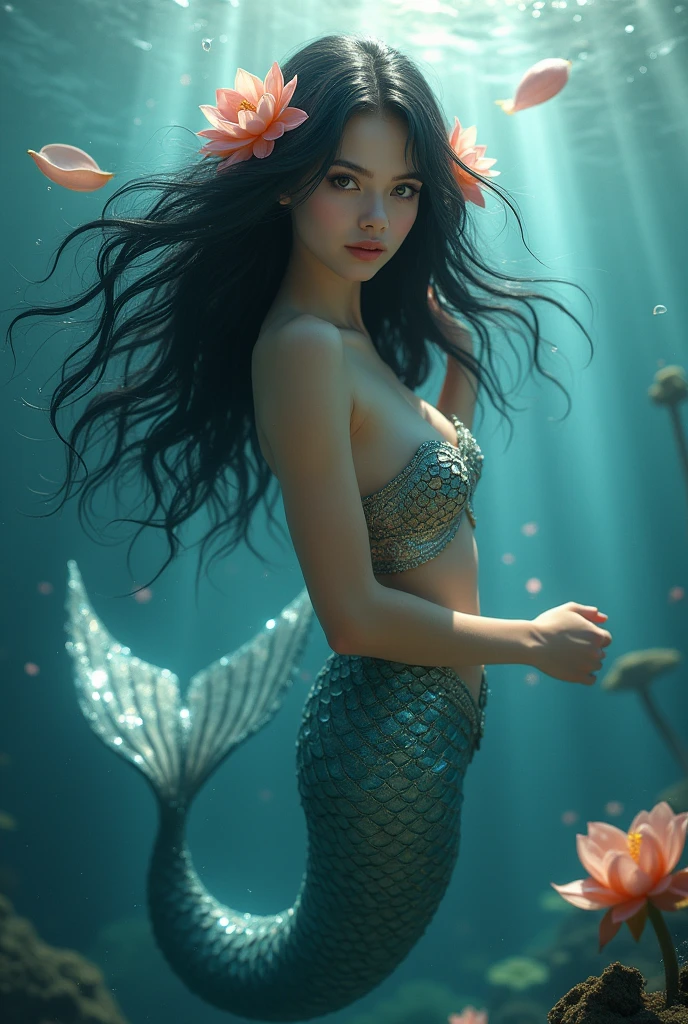 mermaid, black hair adorned with flowers, swimming in the seas, looking at the camera